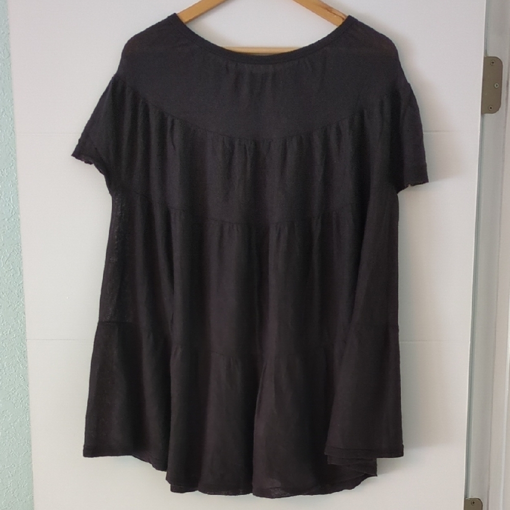 Women's Dark Chocolate Brown Short Sleeve Tiered Tunic Top - Silk Cashmere Sz L